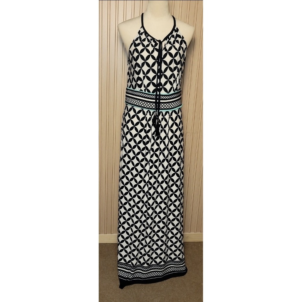 Sandra Darren Navy White Geometric Halter Maxi Dress Tassel Tie 14P Petite